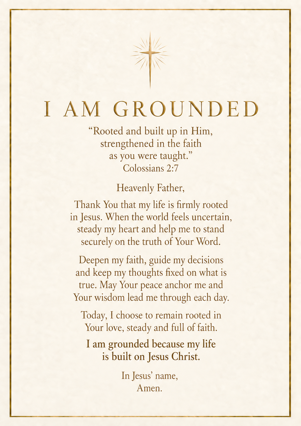 The original Grace & Glow I Am Grounded prayer card