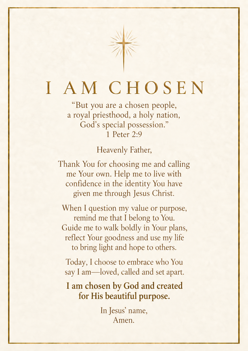 The original Grace & Glow I Am Chosen prayer card