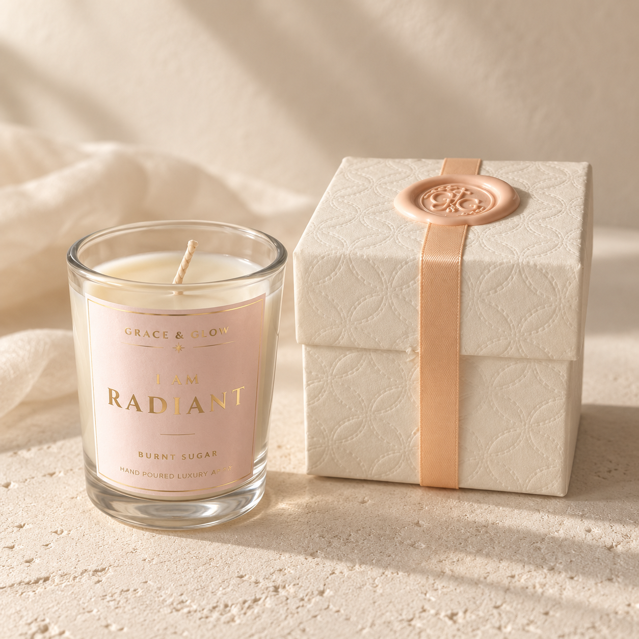 Grace & Glow 80 g I Am Radiant votive candle without a lid beside its closed gift box