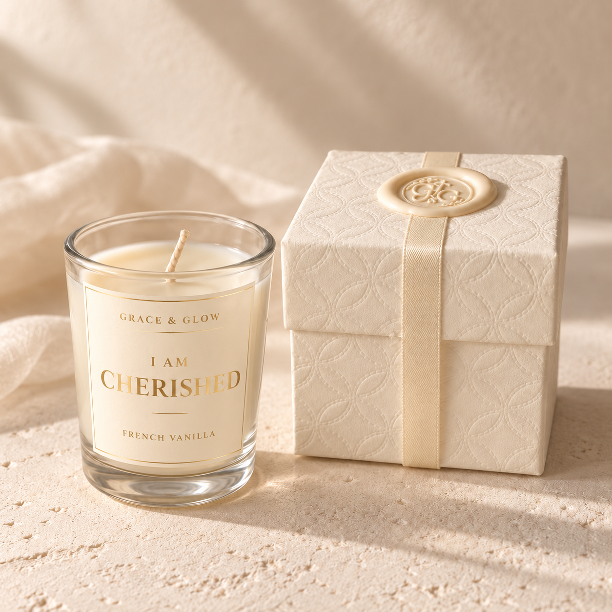 I Am Cherished Petite beside its gift box