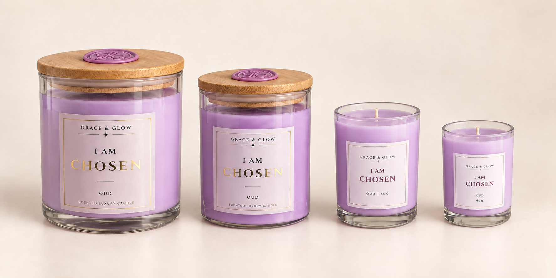 Grande, Signature, Petite and Mini I Am Chosen candles side by side, showing their relative sizes