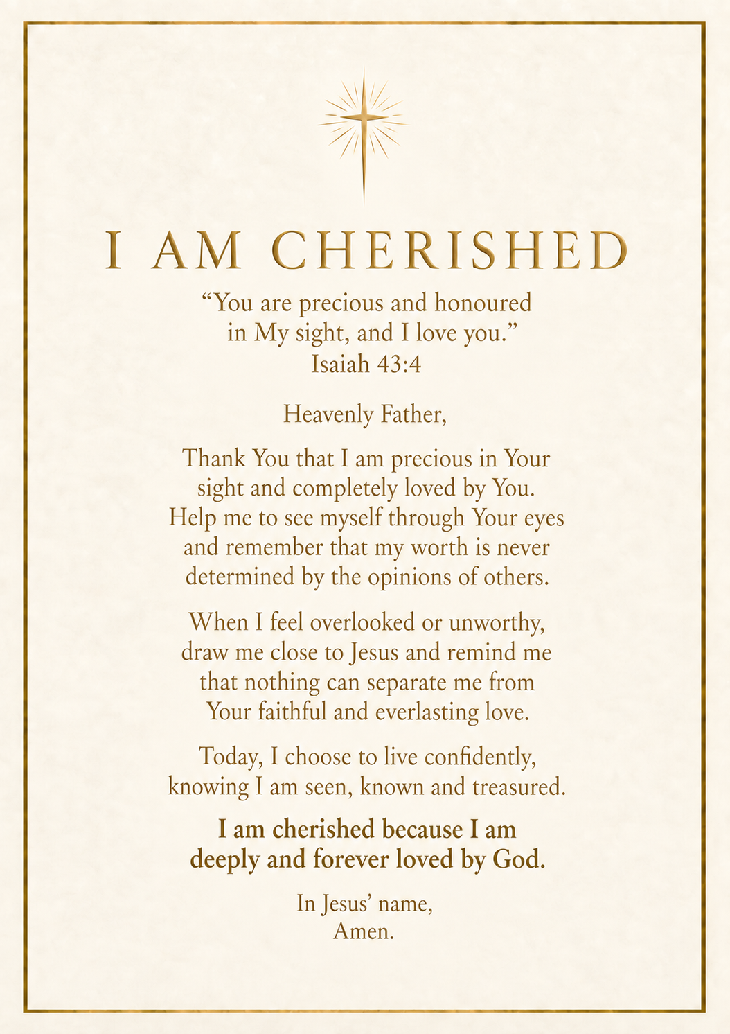The original Grace & Glow I Am Cherished prayer card