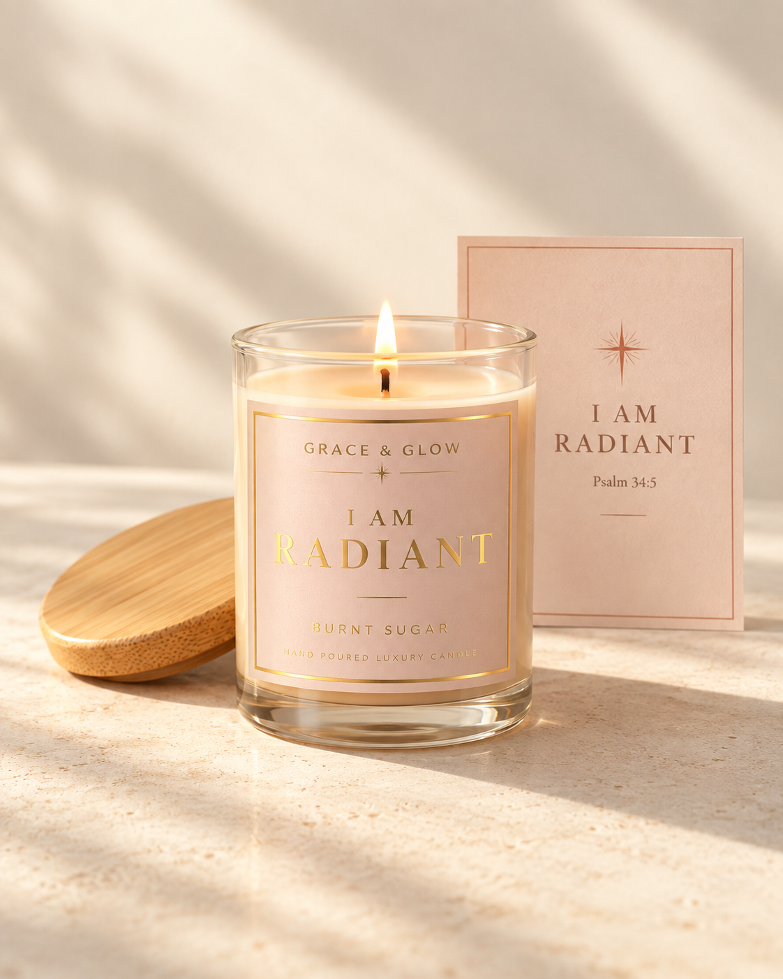 A lit Grace & Glow I Am Radiant candle beside its I Am Radiant prayer card on a warm ivory surface