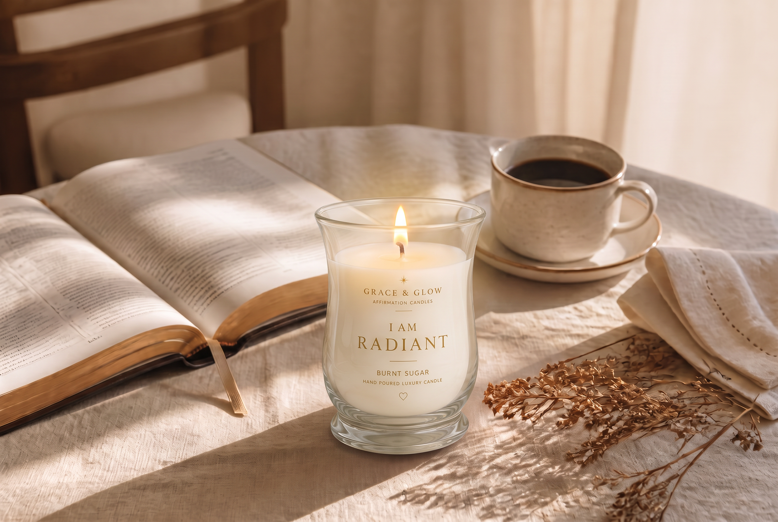 A Grace & Glow ceramic candle glowing softly beside an open Bible and morning coffee