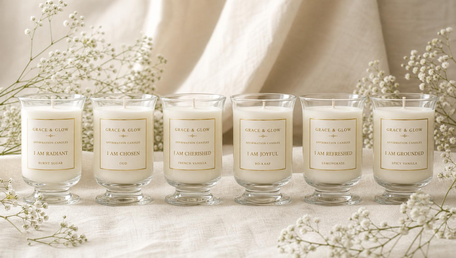 The Grace & Glow collection — six hand-poured Scripture-inspired affirmation candles