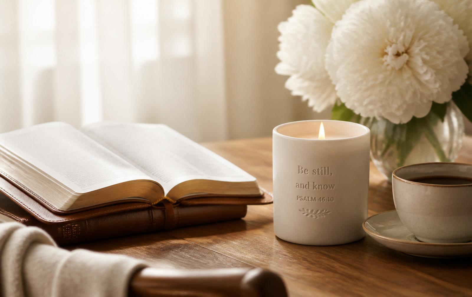 A lit Grace & Glow candle beside an open Bible and morning coffee — a moment of sacred pause