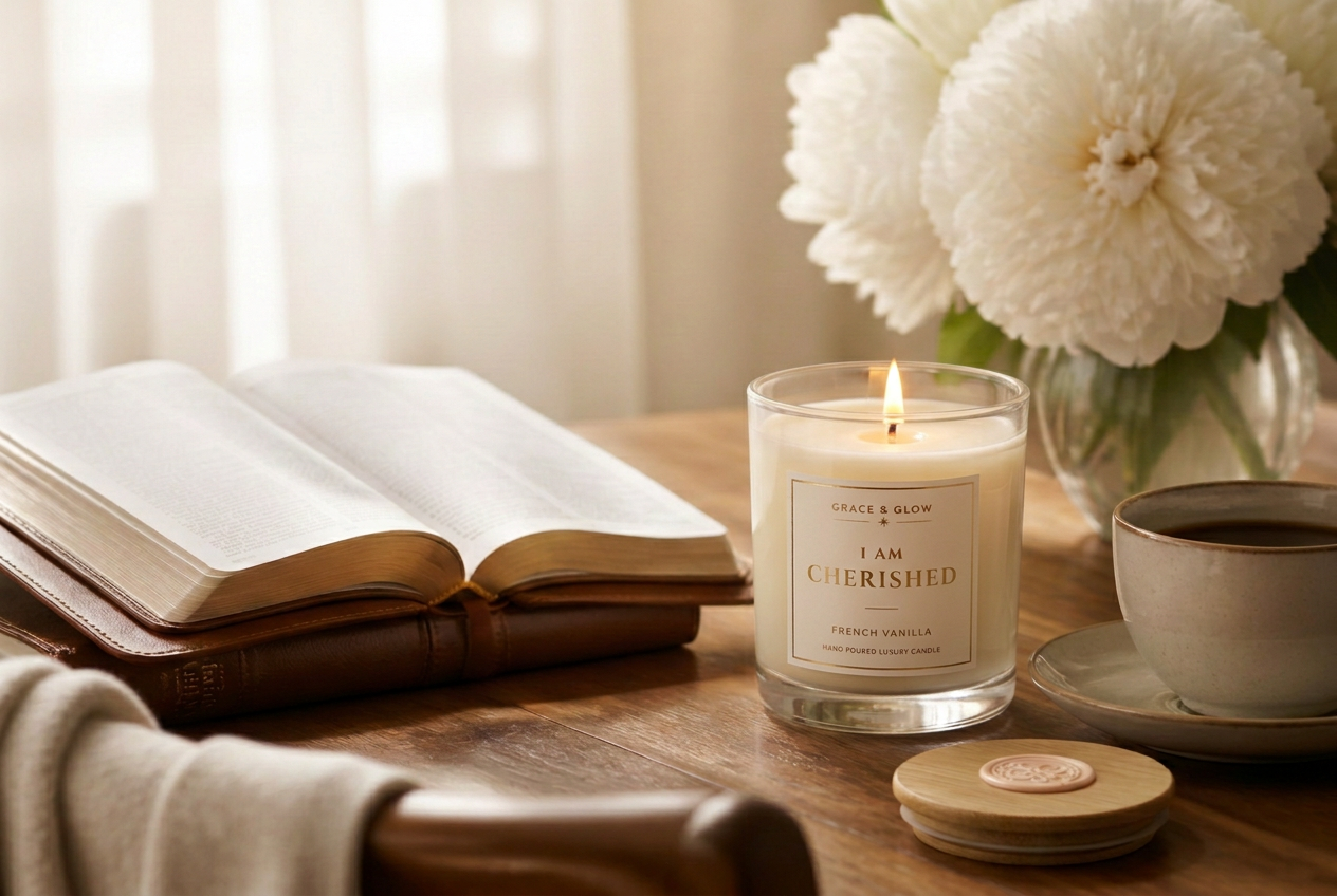 A lit Grace & Glow candle beside an open Bible and morning coffee — a moment of sacred pause