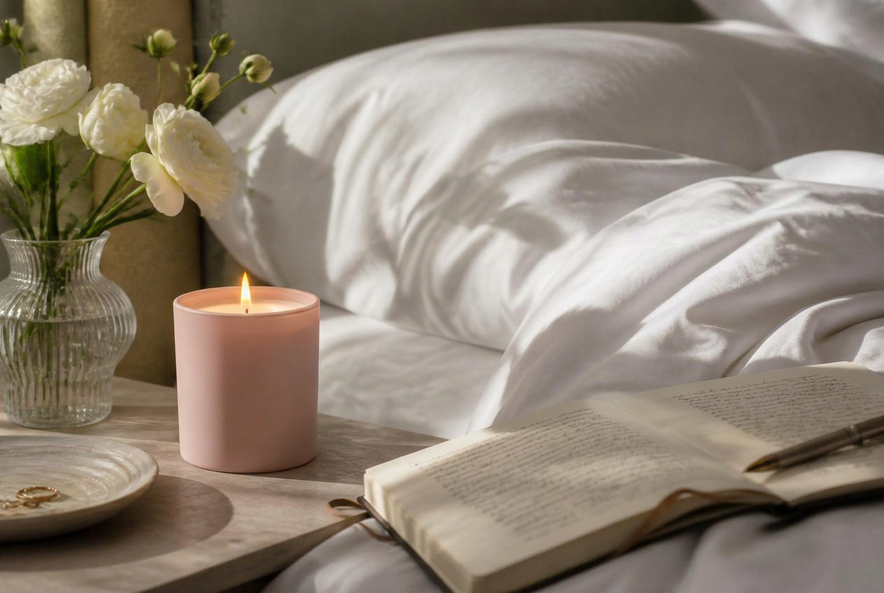 A lit Grace & Glow candle on a nightstand with soft linen bedding and morning light