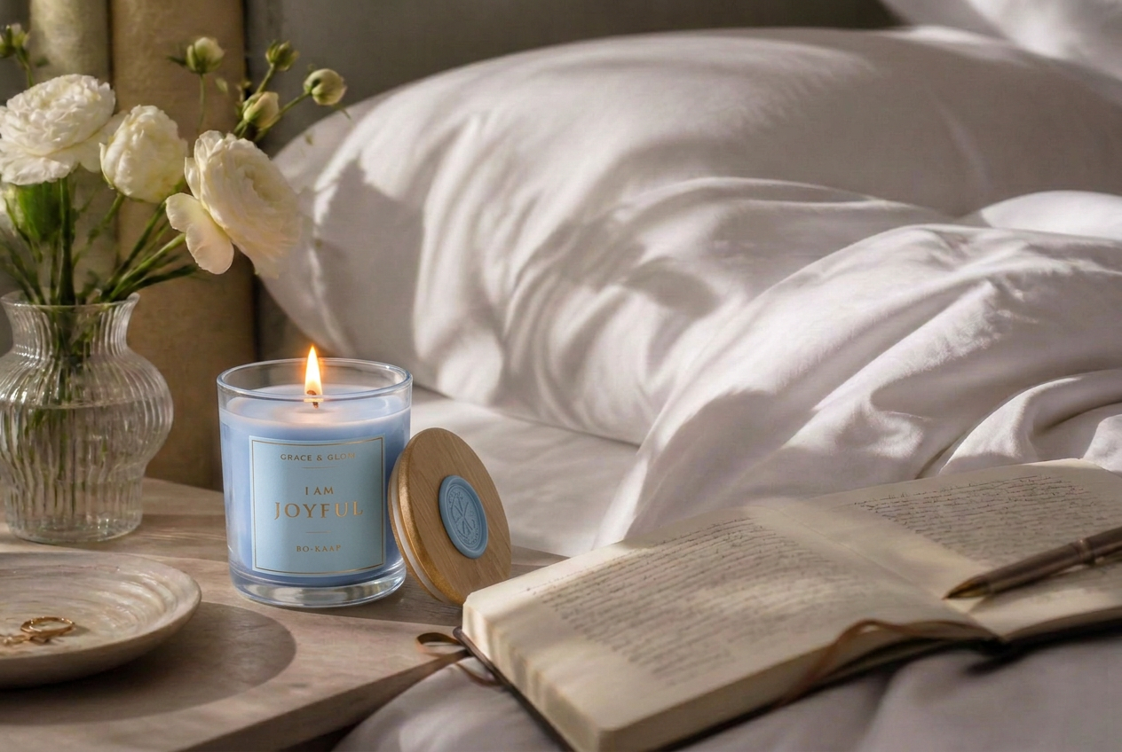 A lit Grace & Glow candle on a nightstand with soft linen bedding and morning light
